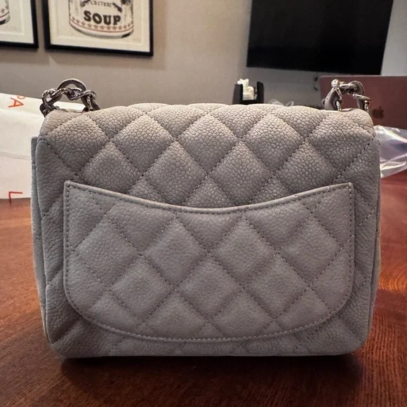 Chanel Caviar Gray Mini Classic Square Bag with Silver Chain - Picture 2 of 7